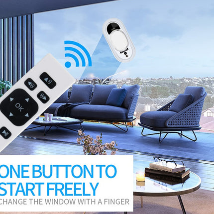 Smart window control system with remote control and sofa set in a modern living room.