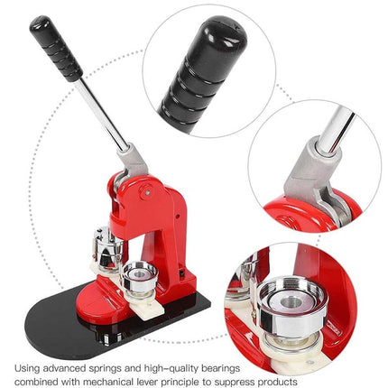 Red and black press machine with close-up details on a white background