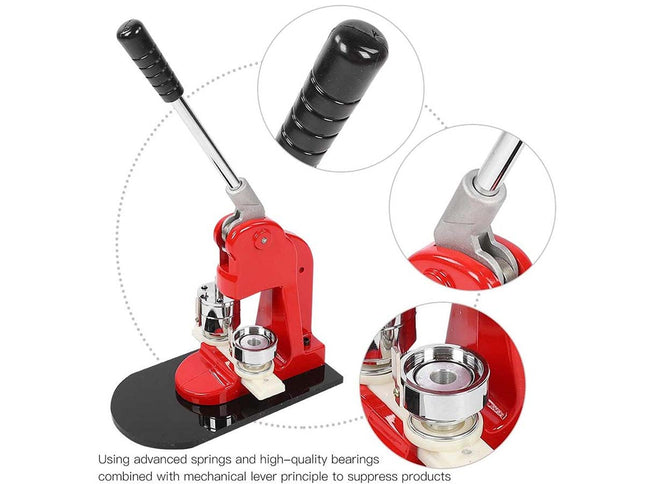 Red and black press machine with close-up details on a white background