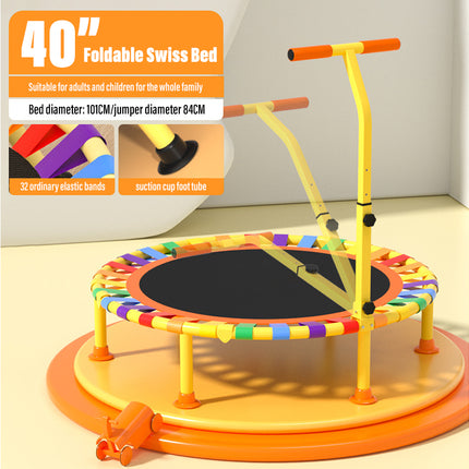 Colorful folding trampoline with handle on a light background