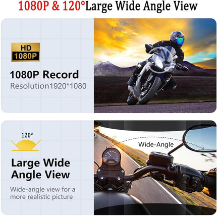 Motorcycle camera with 1080P resolution and wide-angle view features, shown on a scenic road.