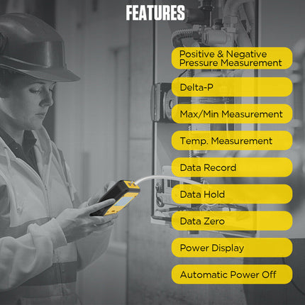A promotional graphic with the word FEATURES at the top and a list of product features on yellow rounded rectangles over a grayscale photo of a person in a hard hat holding a handheld pressure gauge connected to industrial piping.