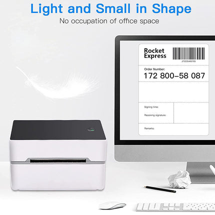 Small printer and computer monitor on a white background with text about space efficiency.