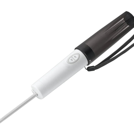 White handheld device with black accents on a white background