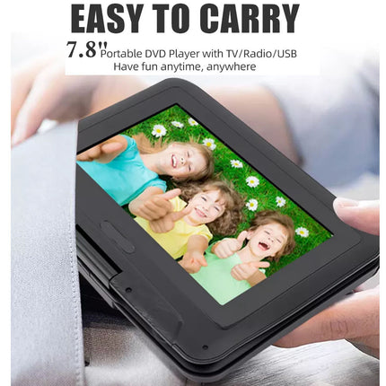 Portable DVD player with a screen displaying children playing, held by a person.