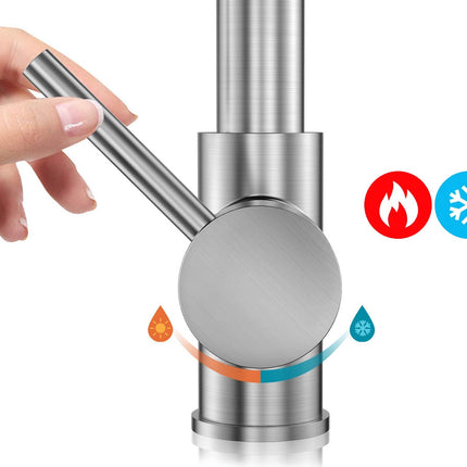 A stainless steel kitchen faucet with a hand turning the lever handle. Two circular icons on the right indicate hot and cold water flow, with orange and blue arrows curving around the base of the faucet.