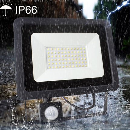 LED flood light with IP66 rating in a rainstorm