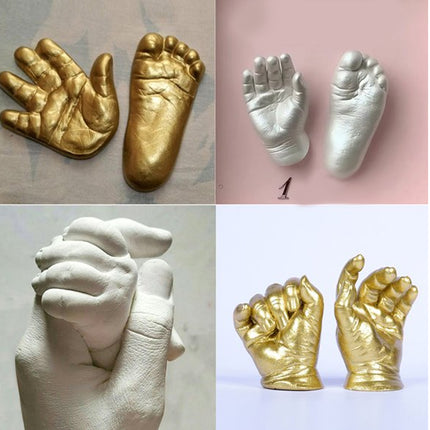Collage of gold and silver hand and foot casts on a white background