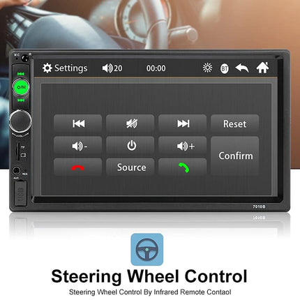 Car multimedia system with steering wheel control interface on a white background