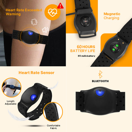 Black wristband with heart rate sensor and magnetic charging features on a white background
