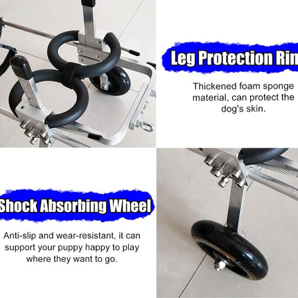 Dog cart with leg protection ring and shock-absorbing wheel features on a white background.