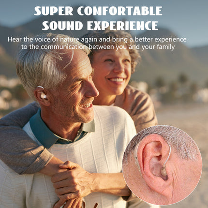 Couple embracing with earbud, text about comfortable sound experience