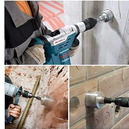 Collage of a person using a drill on different materials.