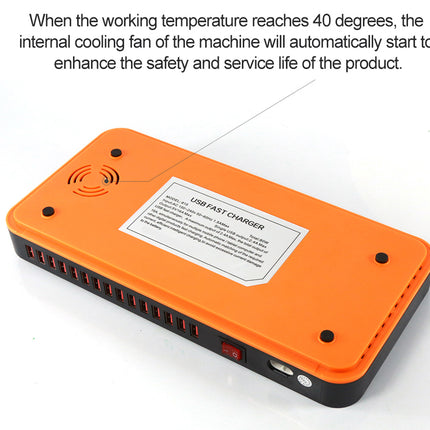 Orange USB fast charger with text about internal cooling fan activation.
