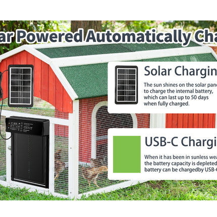 Solar-powered chicken coop with charging options in a natural setting