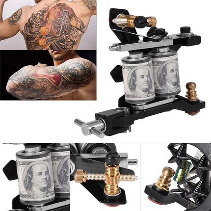 Tattoo machine with money and tattoos on a white background