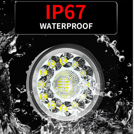 LED light bulb with water splashes and 'IP67 Waterproof' text on a black background