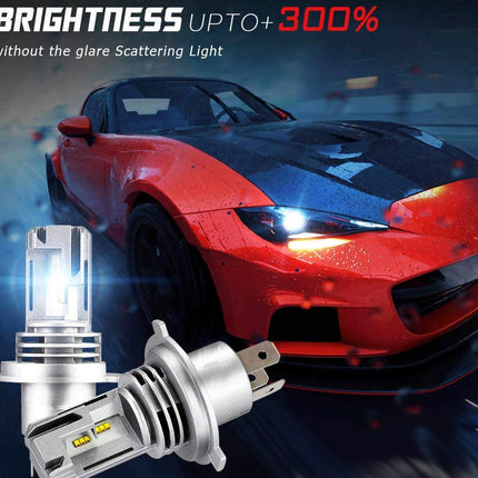 Car headlights with brightness enhancement feature displayed in front of a red car.