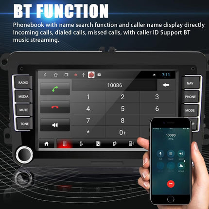 Car stereo system with phonebook and caller ID display, featuring Bluetooth music streaming.