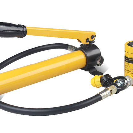 A yellow and black hydraulic hand pump with a black hose and a separate yellow cylindrical container, shown on a plain white background.
