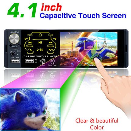 A car multimedia player touchscreen display shown on a white background, with text reading '4.1 inch Capacitive Touch Screen' and a hand pointing toward the screen.