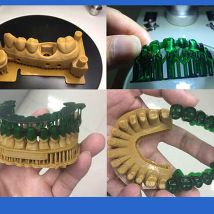 A four-panel collage showing a 3D-printed dental impression mold and green tooth-shaped components being handled in a lab setting. The top-left panel shows the tan dental mold on a black surface, the top-right shows green tooth-like pieces printed or held, the bottom-left shows the mold with green components attached, and the bottom-right shows a close-up of the curved tooth arrangement held in a hand.