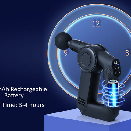 Black handheld massage gun shown on a blue pedestal with promotional text reading '1800mAh Rechargeable Battery' and 'Usage Time: 3-4 hours,' plus a glowing circular graphic background.
