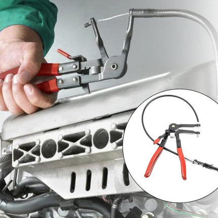 Hand using a tool on a mechanical component with an inset showing the tool in detail.