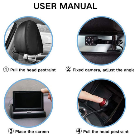 A user manual infographic showing four steps for installing a car head-mounted camera: pull the head restraint, fix the camera and adjust the angle, place the screen, and pull the head restraint again, on a white background.