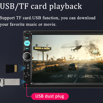 Car multimedia player with USB and TF card support, displaying a movie scene on the screen.