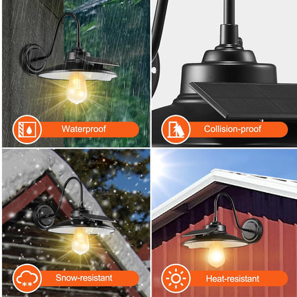A four-panel product feature collage for an outdoor solar wall light. The top-left panel shows the light mounted on a dark wall during rain with the text 'Waterproof.