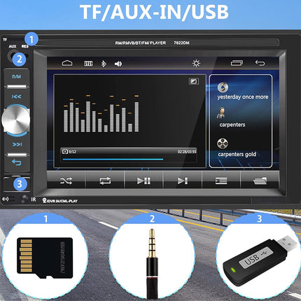 Car multimedia player with TF/AUX-IN/USB inputs on a road background