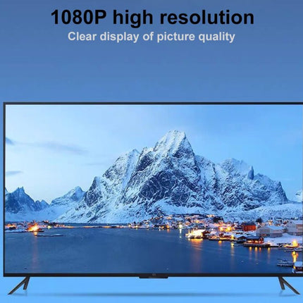 TV displaying a mountainous landscape with text about high resolution