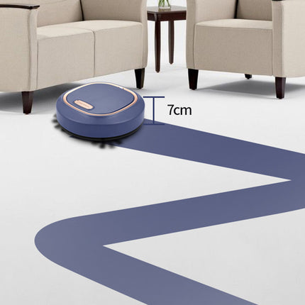 Robot vacuum cleaner on a floor with a path marked, surrounded by beige furniture.