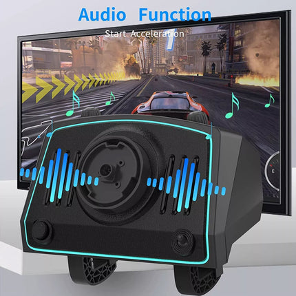 Black audio device with blue sound wave graphics in front of a screen displaying a racing game.