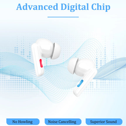 White wireless earbuds with 'Advanced Digital Chip' text on a blue background