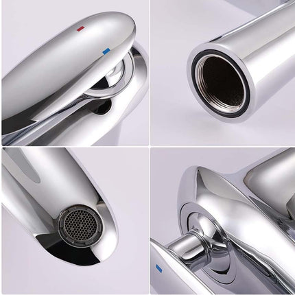 A four-panel close-up collage showing details of a polished chrome shower handle, including the top lever, the cylindrical mounting sleeve, the spray nozzle, and the side connection.