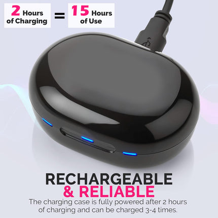 Black rechargeable device with charging cable on a light gray background