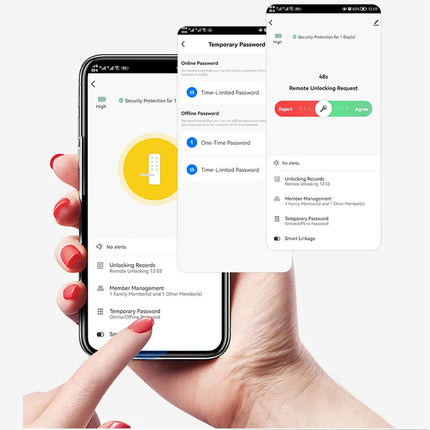 Hand holding a smartphone displaying a security app with a temporary password screen.