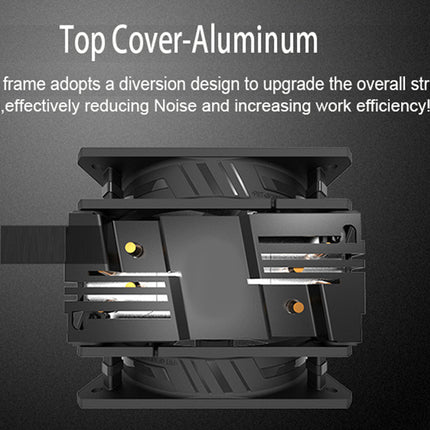 A black aluminum top cover fan frame for a cooling fan, shown from the front on a dark gray background with white promotional text at the top.