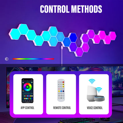 A promotional graphic for a smart wall light control system. The top half shows a row of glowing hexagonal wall lights in cyan, blue, and purple against a dark purple background with the text 'CONTROL METHODS' at the top.