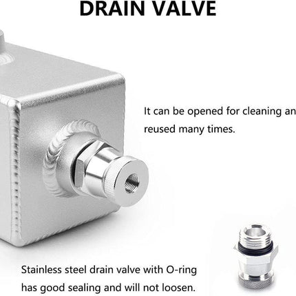 Stainless steel drain valve with a threaded connection and O-ring, shown on a white background with descriptive text about its reusability and sealing.
