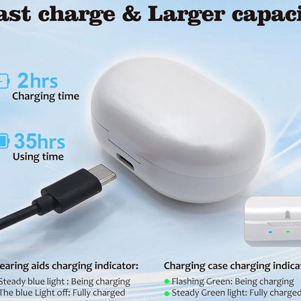 Hearing aid charging case with charging cable and indicator lights on a light blue background