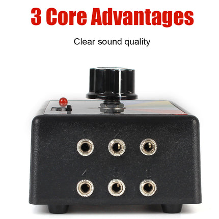 Black audio effects pedal with multiple jacks on a white background, labeled '3 Core Advantages' and 'Clear sound quality'.