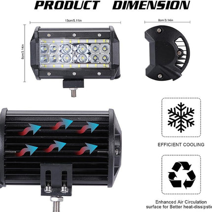 Product dimensions and features of a LED light bar with cooling system illustration.