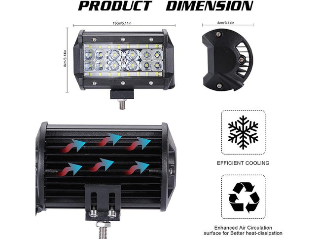 Product dimensions and features of a LED light bar with cooling system illustration.