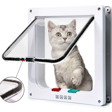 Cat using a pet door with a close-up of the lock mechanism on a white background
