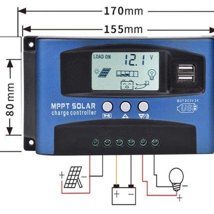MPPT solar charge controller with dimensions and wiring diagram on a white background
