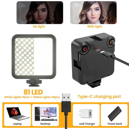 LED video light with USB cable and charging port on a white background