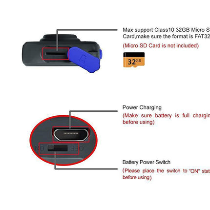 Technical product diagram showing a black and blue USB flash drive with callouts for maximum Class 10 32GB Micro SD card support, power charging, and battery power switch, on a white background.